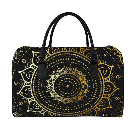 Black And Gold Mandala Print Leather Duffle Bag