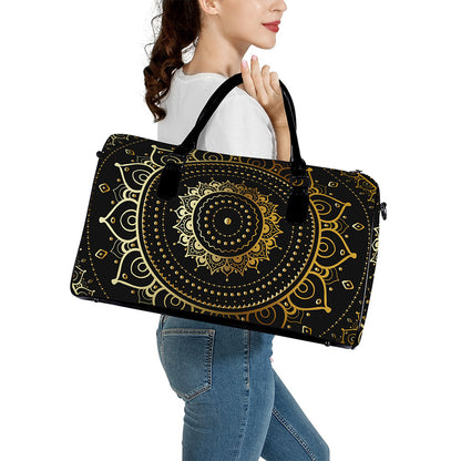 Black And Gold Mandala Print Leather Duffle Bag