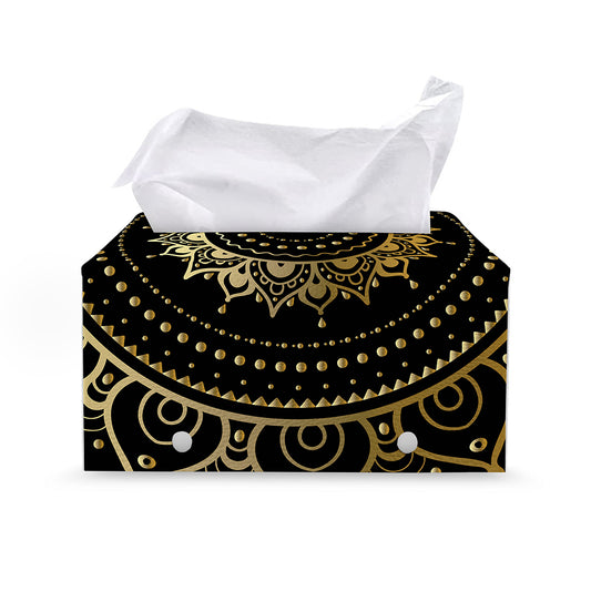 Black And Gold Mandala Print Leather Tissue Box Cover