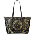 Black And Gold Mandala Print Leather Tote Bag With Zipper