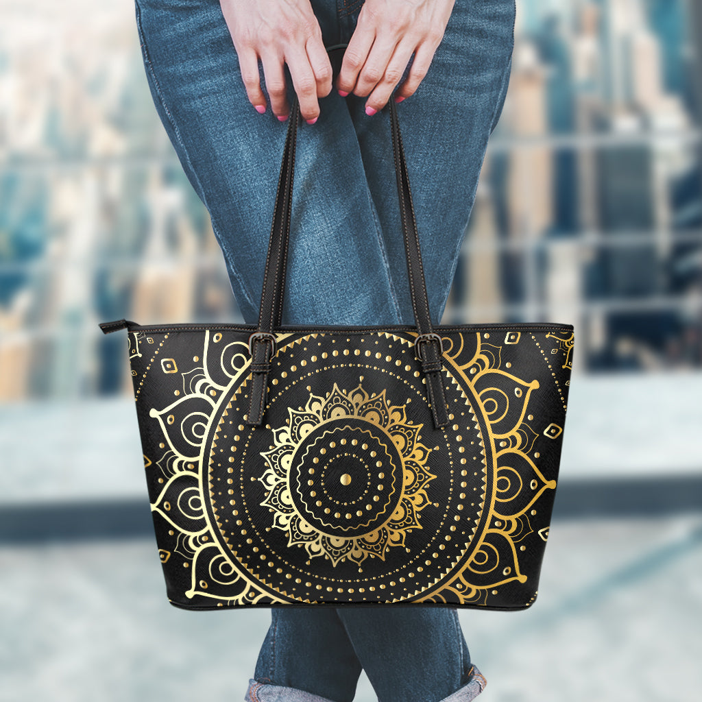 Black And Gold Mandala Print Leather Tote Bag