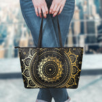 Black And Gold Mandala Print Leather Tote Bag