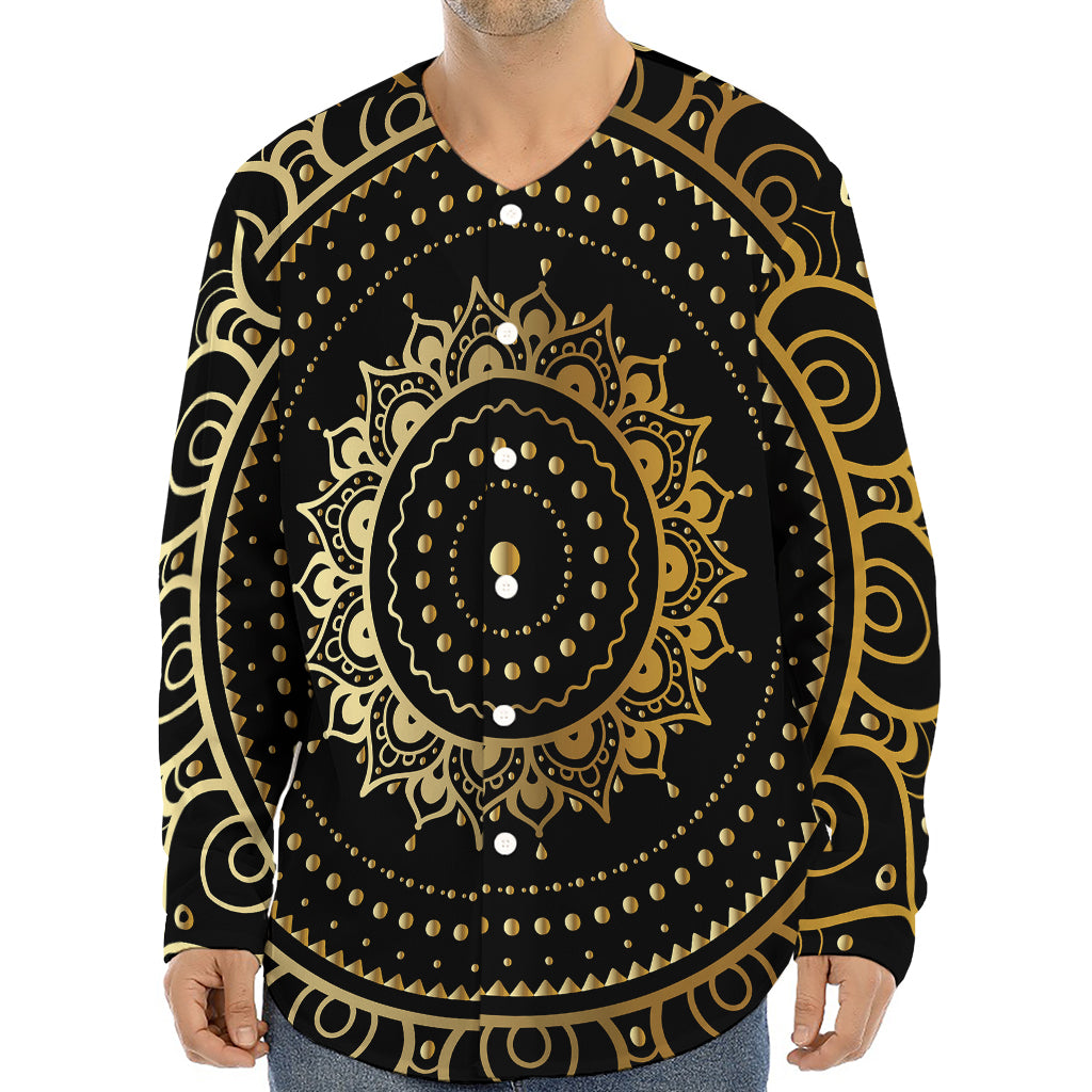 Black And Gold Mandala Print Long Sleeve Baseball Jersey