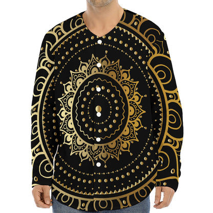 Black And Gold Mandala Print Long Sleeve Baseball Jersey