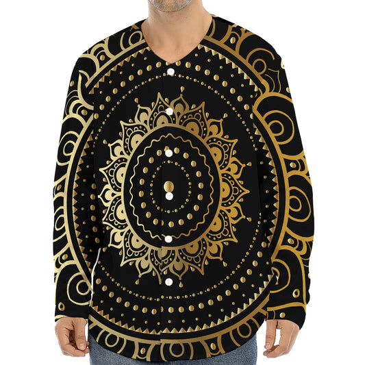 Black And Gold Mandala Print Long Sleeve Baseball Jersey
