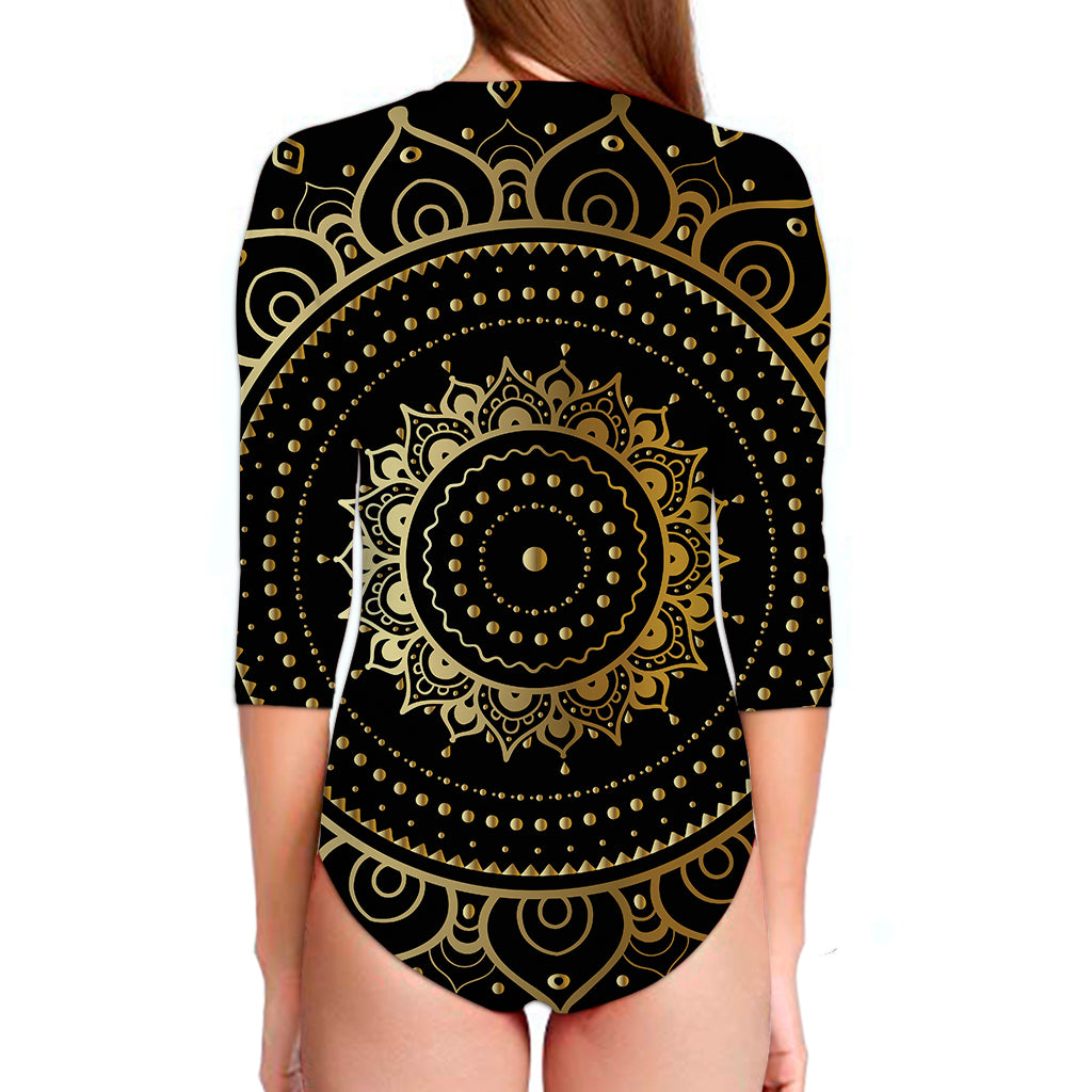 Black And Gold Mandala Print Long Sleeve Swimsuit