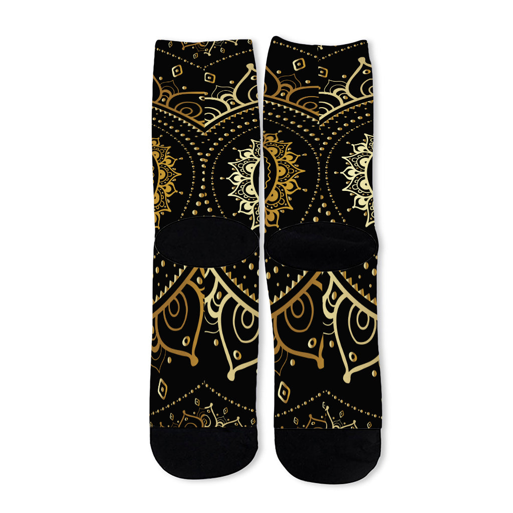Black And Gold Mandala Print Long Socks