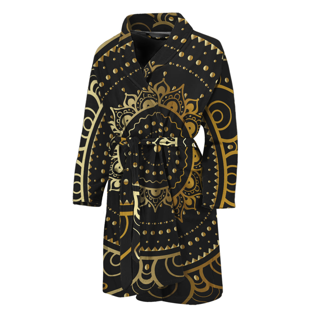 Black And Gold Mandala Print Men's Bathrobe