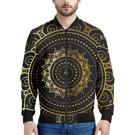Black And Gold Mandala Print Men's Bomber Jacket