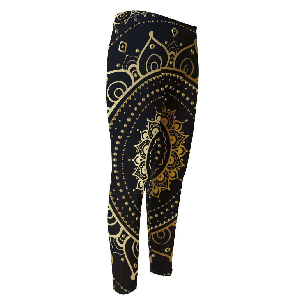 Black And Gold Mandala Print Men's Compression Pants