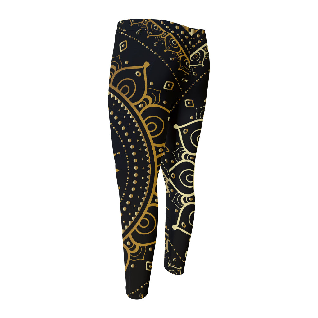 Black And Gold Mandala Print Men's Compression Pants