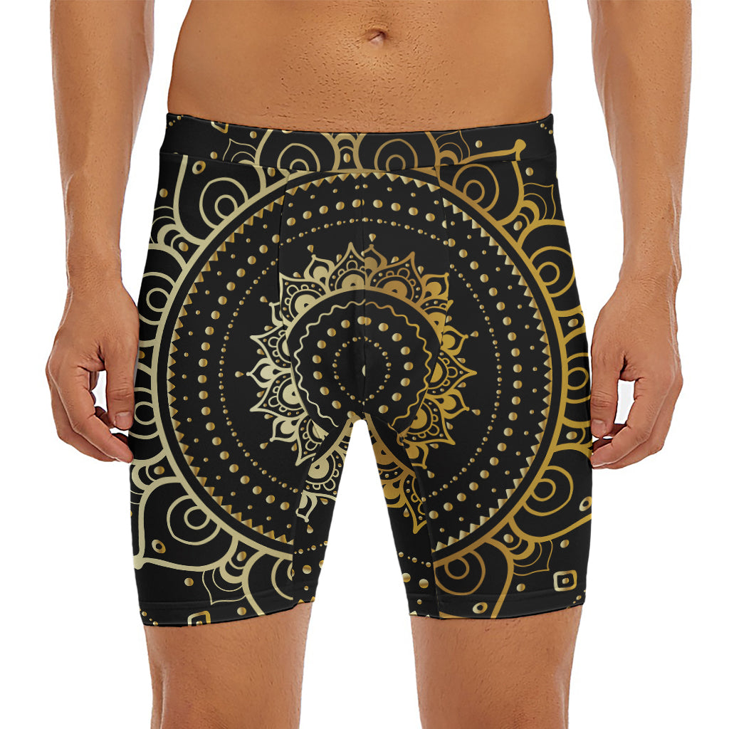 Black And Gold Mandala Print Men's Long Boxer Briefs