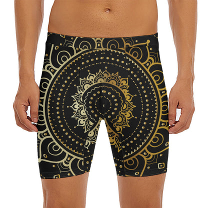 Black And Gold Mandala Print Men's Long Boxer Briefs