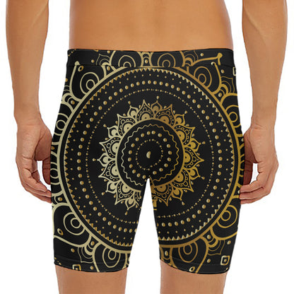 Black And Gold Mandala Print Men's Long Boxer Briefs