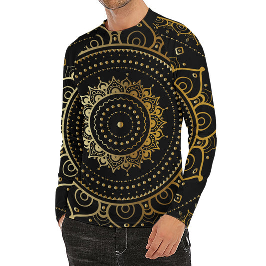 Black And Gold Mandala Print Men's Long Sleeve Rash Guard