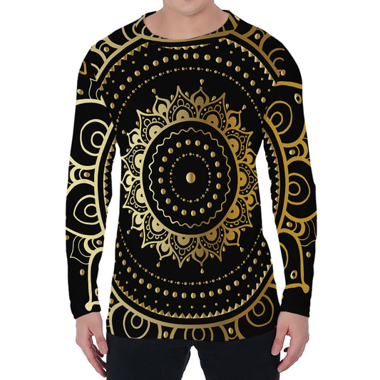 Black And Gold Mandala Print Men's Long Sleeve T-Shirt