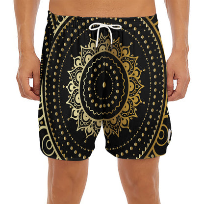 Black And Gold Mandala Print Men's Split Running Shorts