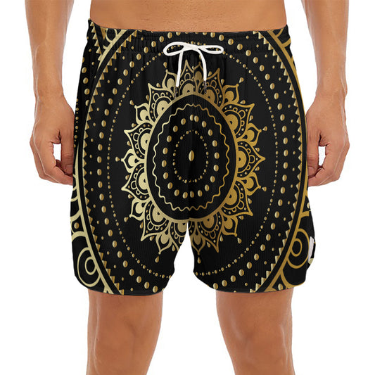 Black And Gold Mandala Print Men's Split Running Shorts