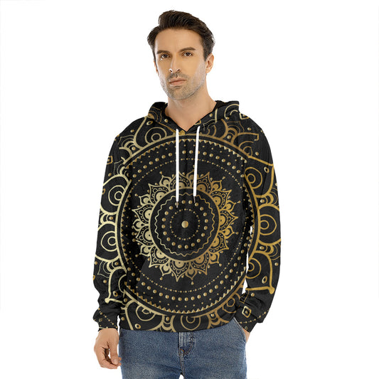 Black And Gold Mandala Print Men's Velvet Pullover Hoodie