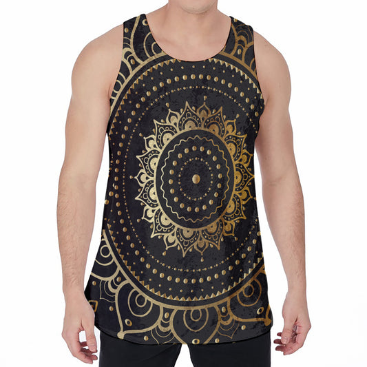 Black And Gold Mandala Print Men's Velvet Tank Top