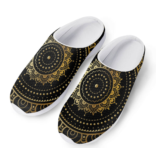 Black And Gold Mandala Print Mesh Casual Shoes