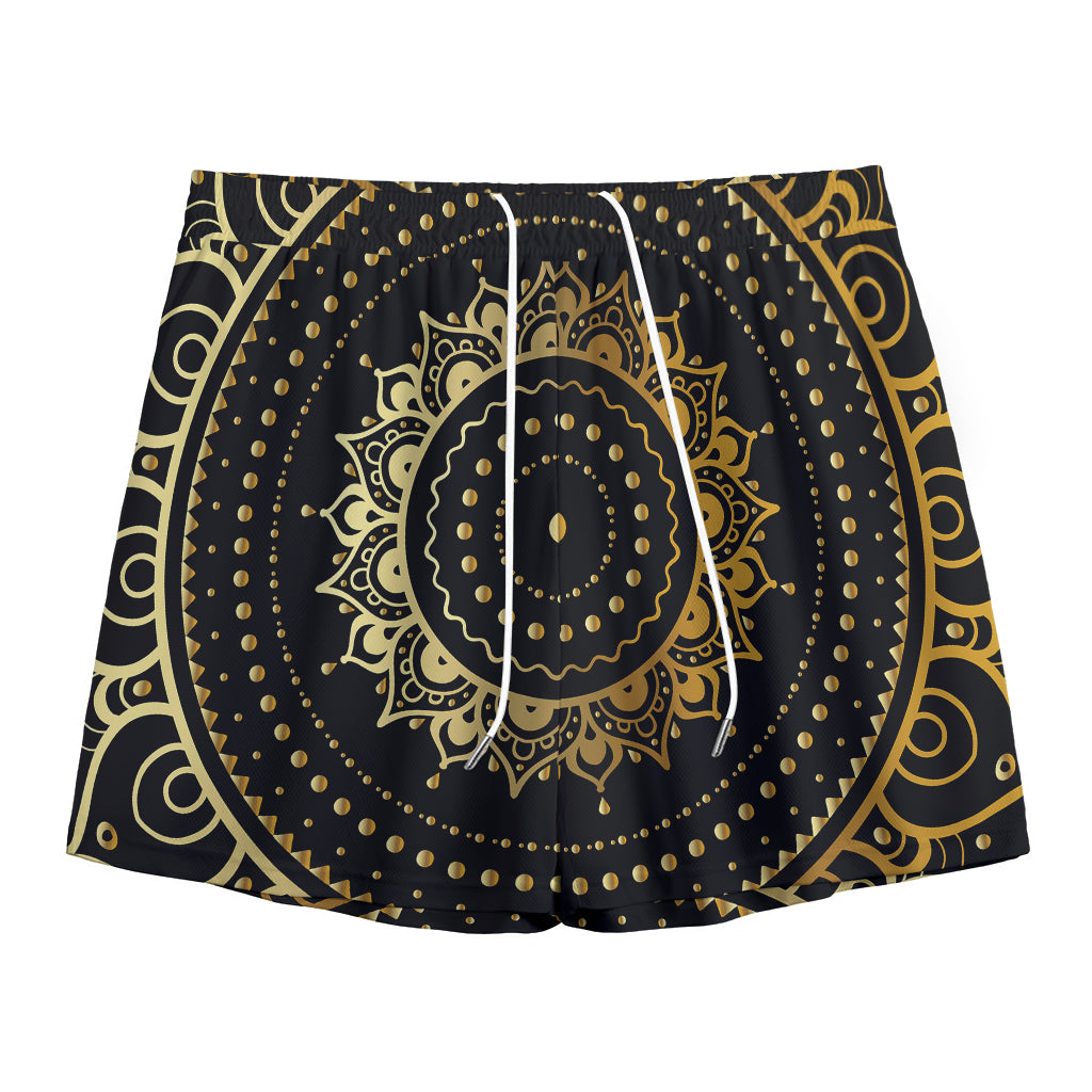 Black And Gold Mandala Print Mesh Shorts