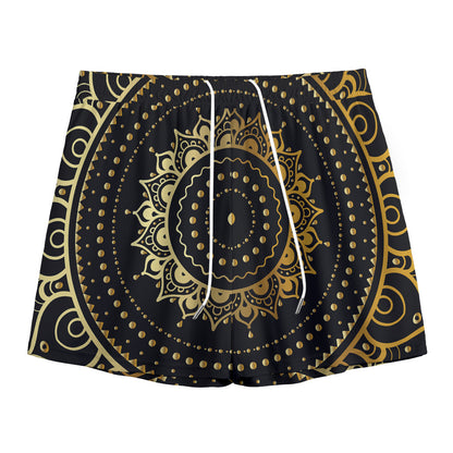 Black And Gold Mandala Print Mesh Shorts