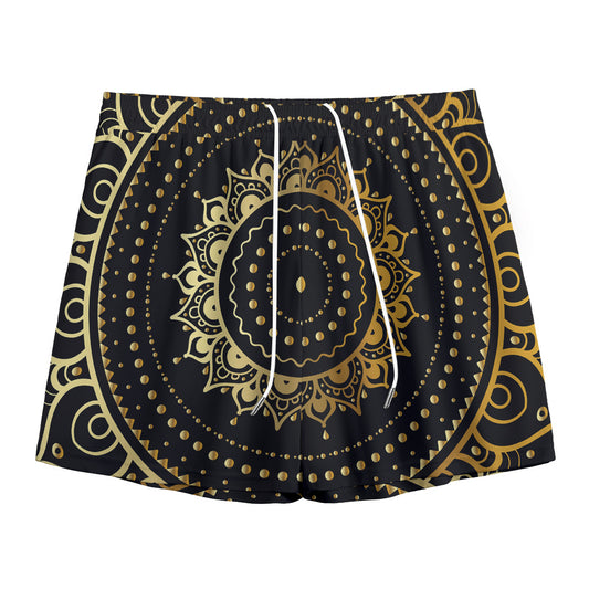 Black And Gold Mandala Print Mesh Shorts