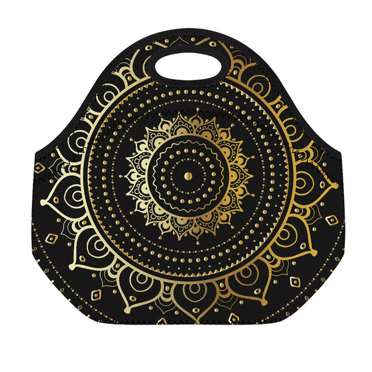 Black And Gold Mandala Print Neoprene Lunch Bag