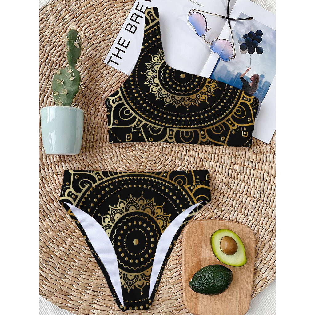 Black And Gold Mandala Print One Shoulder Bikini Top