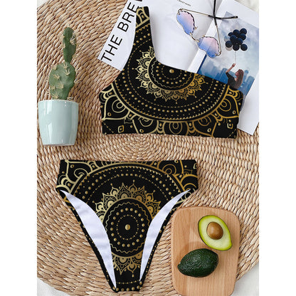 Black And Gold Mandala Print One Shoulder Bikini Top