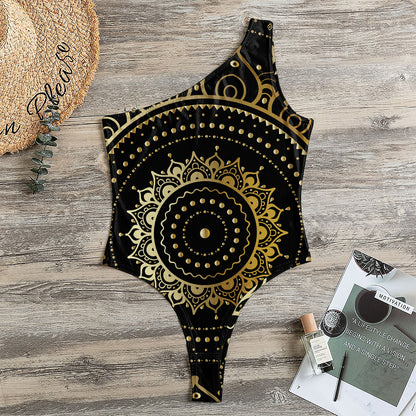 Black And Gold Mandala Print One Shoulder Bodysuit