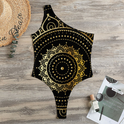 Black And Gold Mandala Print One Shoulder Bodysuit