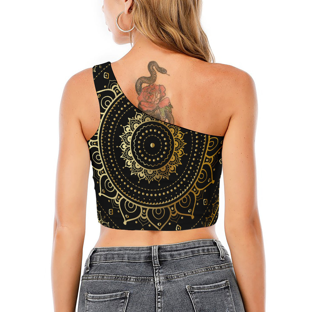 Black And Gold Mandala Print One Shoulder Crop Top