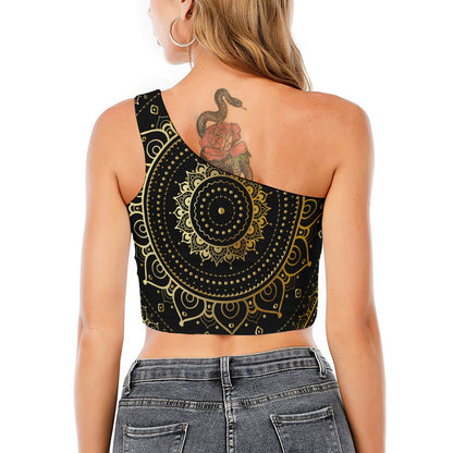 Black And Gold Mandala Print One Shoulder Crop Top