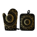 Black And Gold Mandala Print Oven Mitt And Pot Holder Set
