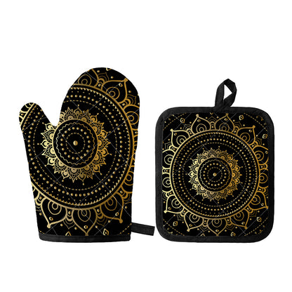 Black And Gold Mandala Print Oven Mitt And Pot Holder Set