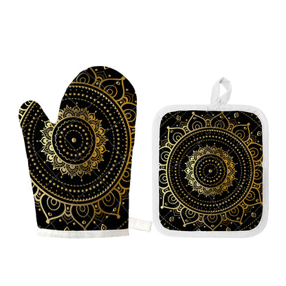 Black And Gold Mandala Print Oven Mitt And Pot Holder Set