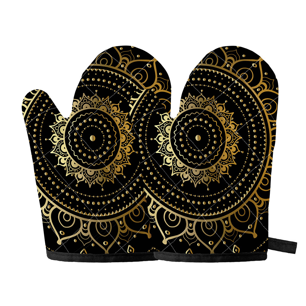 Black And Gold Mandala Print Oven Mitts