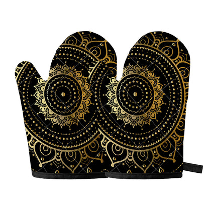 Black And Gold Mandala Print Oven Mitts