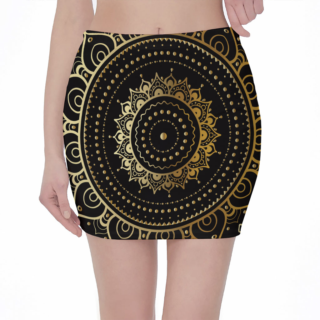 Black And Gold Mandala Print Pencil Mini Skirt