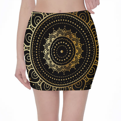 Black And Gold Mandala Print Pencil Mini Skirt