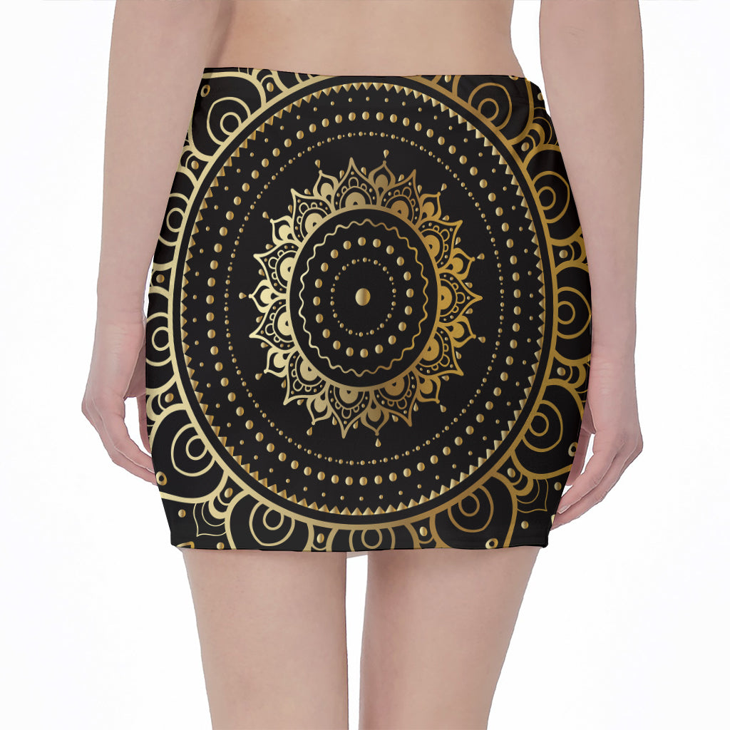 Black And Gold Mandala Print Pencil Mini Skirt