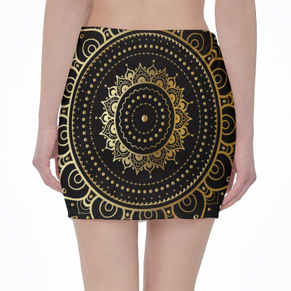 Black And Gold Mandala Print Pencil Mini Skirt