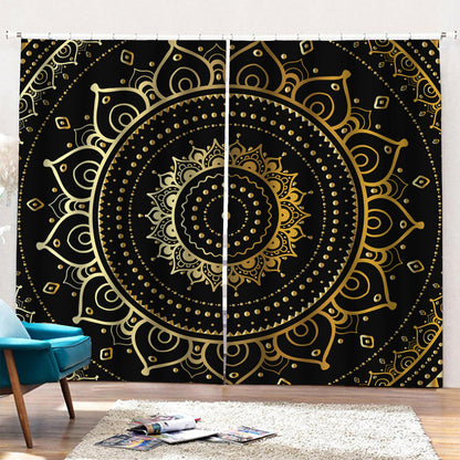 Black And Gold Mandala Print Pencil Pleat Curtains