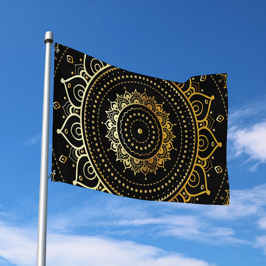 Black And Gold Mandala Print Polyester Flag