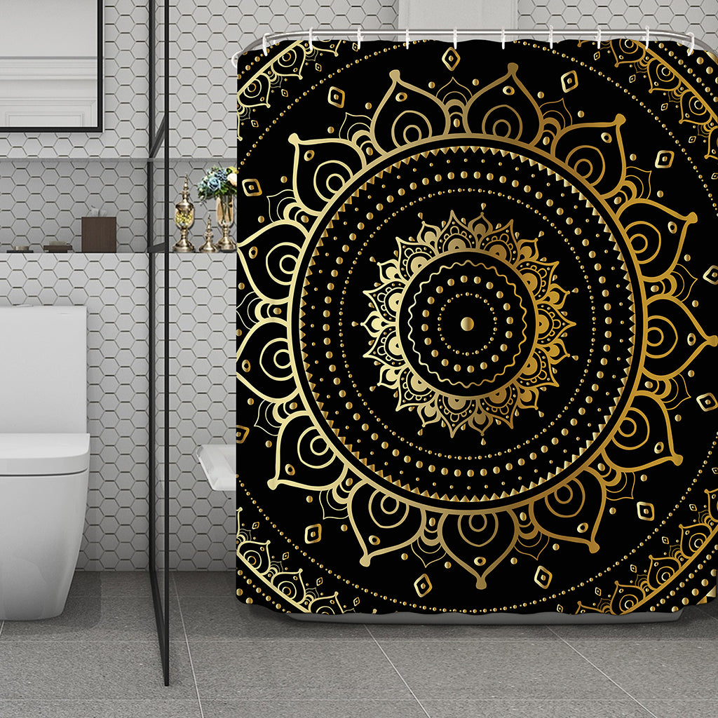 Black And Gold Mandala Print Polyester Shower Curtain