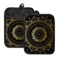 Black And Gold Mandala Print Pot Holders With Pocket