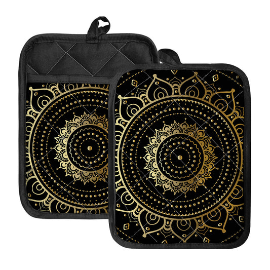 Black And Gold Mandala Print Pot Holders With Pocket