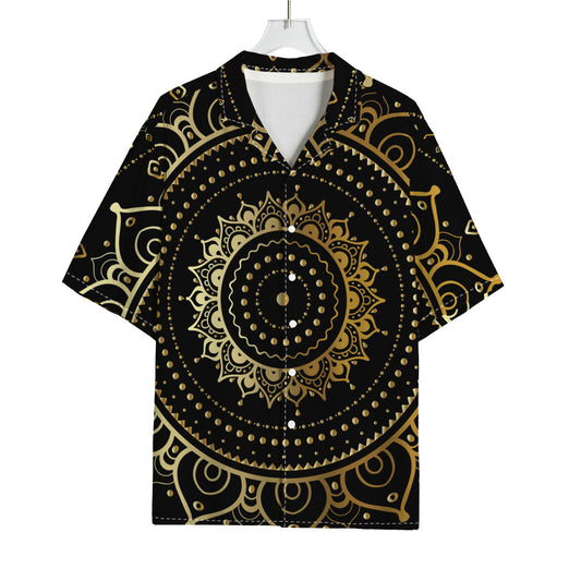 Black And Gold Mandala Print Rayon Hawaiian Shirt